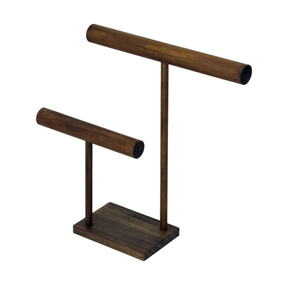 13 1/4" x 14" Two Tier Dark Wood Round T-Bar Jewelry Display