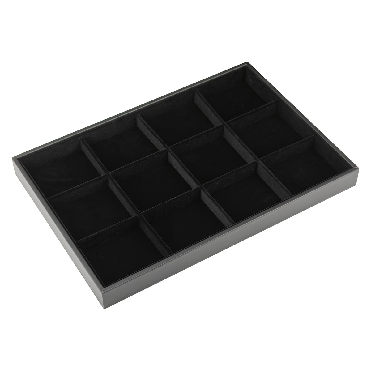13 3/4" x 9 1/2" Black Velvet 12 Compartment Jewelry Display Tray with Leatherette Trim