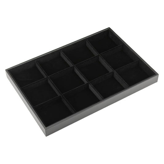 13 3/4" x 9 1/2" Black Velvet 12 Compartment Jewelry Display Tray with Leatherette Trim