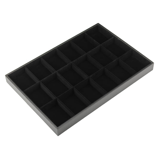13 3/4" x 9 1/2" Black Velvet 18 Compartment Jewelry Display Tray with Leatherette Trim