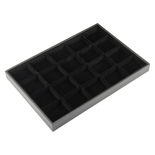 13 3/4" x 9 1/2" Black Velvet 20 Compartment Jewelry Display Tray with Leatherette Trim