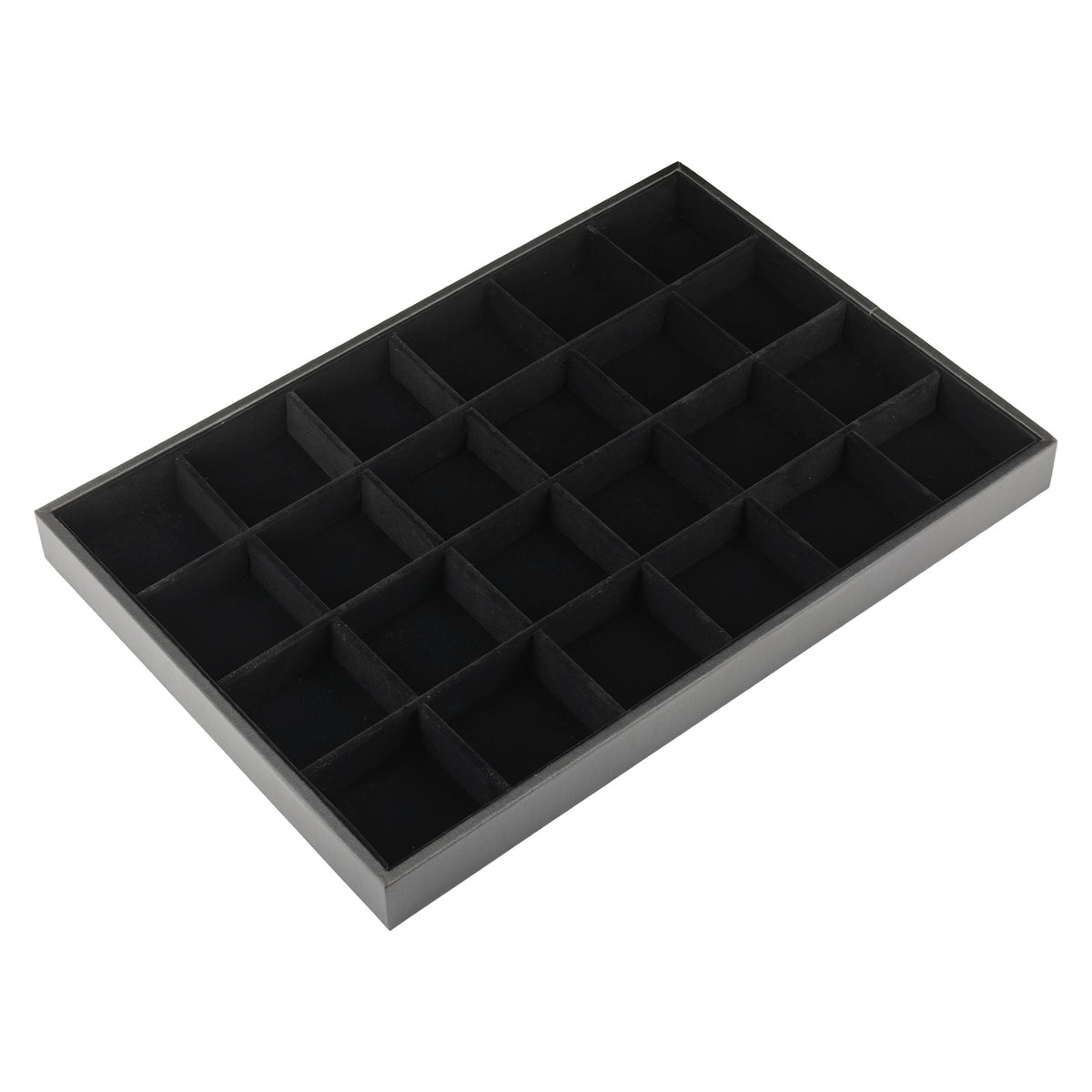 13 3/4" x 9 1/2" Black Velvet 24 Compartment Jewelry Display Tray with Leatherette Trim