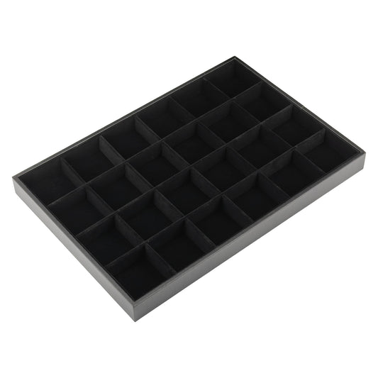 13 3/4" x 9 1/2" Black Velvet 24 Compartment Jewelry Display Tray with Leatherette Trim