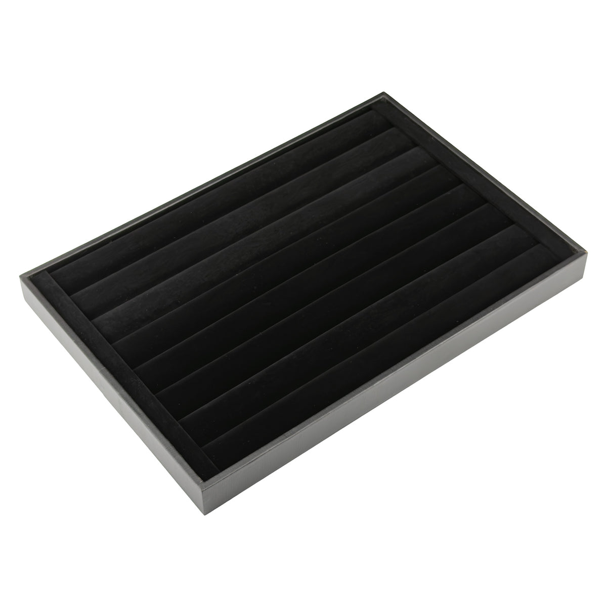 13 3/4" x 9 1/2" Black Velvet 7-Row Ring Display Tray with Leatherette Trim