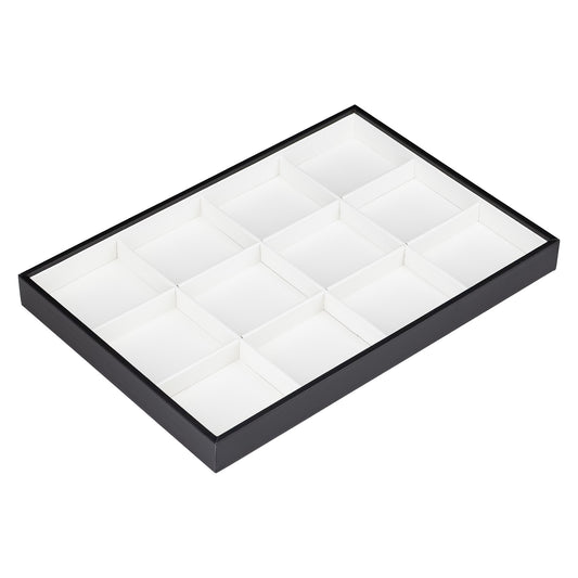 13 3/4" x 9 1/2" Black & White Leatherette 12 Compartment Jewelry Display Tray