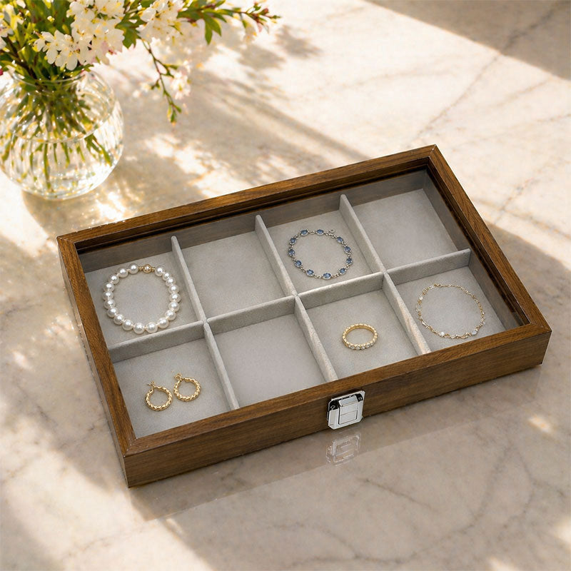 13 3/4" x 9 1/2" Dark Oak 8 Compartment Display Case with Glass Top