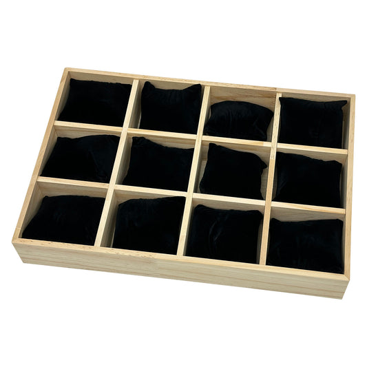 13 3/4" x 9 1/2" Natural Pine 12 Compartment Tray with 3" x 3" Velvet Pillows