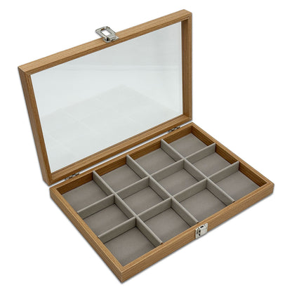13 3/4" x 9 1/2" Natural Wood 12 Compartment Display Case with Glass Top