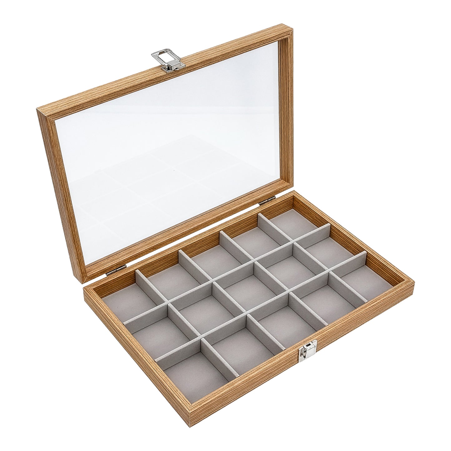13 3/4" x 9 1/2" Natural Wood 15 Compartment Display Case with Glass Top