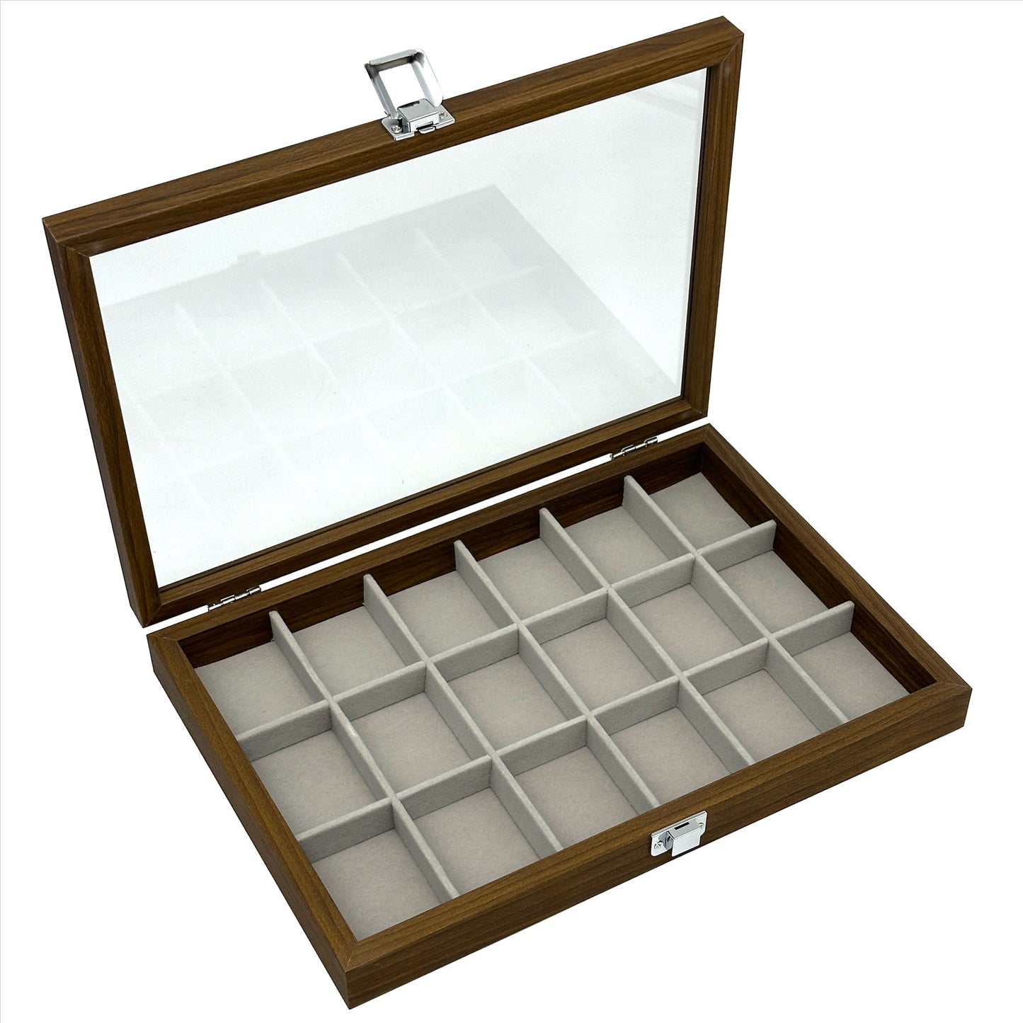 13 3/4" x 9 1/2" Dark Oak 18 Compartment Display Case with Glass Top