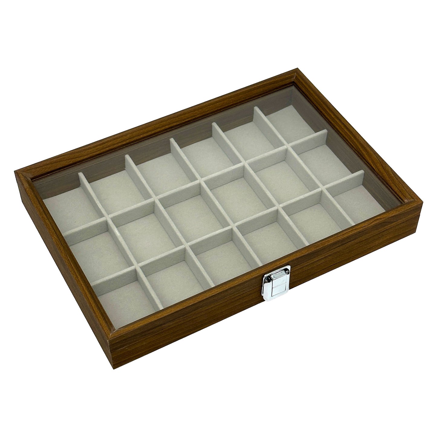 13 3/4" x 9 1/2" Dark Oak 18 Compartment Display Case with Glass Top