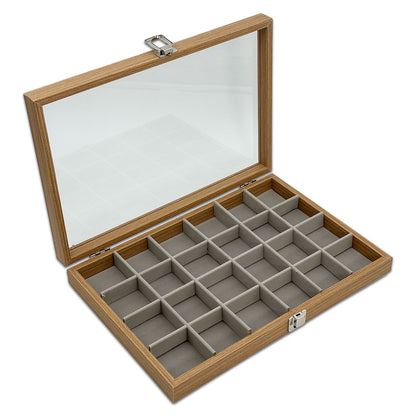 13 3/4" x 9 1/2" Natural Wood 24 Compartment Display Case with Glass Top