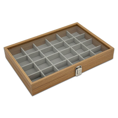 13 3/4" x 9 1/2" Natural Wood 24 Compartment Display Case with Glass Top