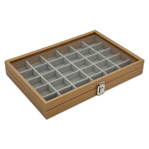 13 3/4" x 9 1/2" Natural Wood 30 Compartment Display Case with Glass Top