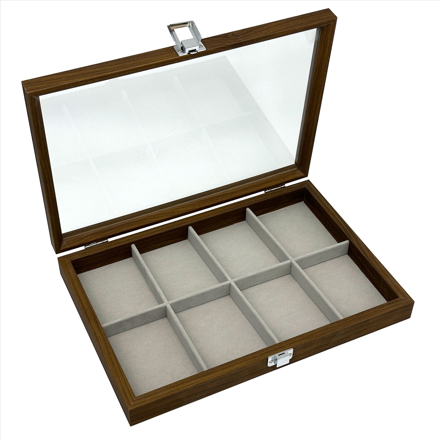 13 3/4" x 9 1/2" Dark Oak 8 Compartment Display Case with Glass Top