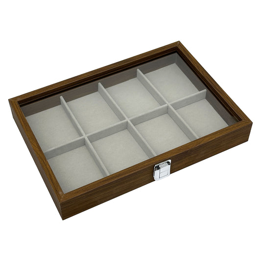 13 3/4" x 9 1/2" Dark Oak 8 Compartment Display Case with Glass Top