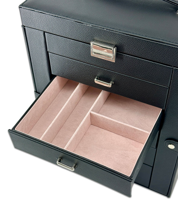 13" x 11" Black Leatherette 5 Drawer Jewelry Travel Storage Case