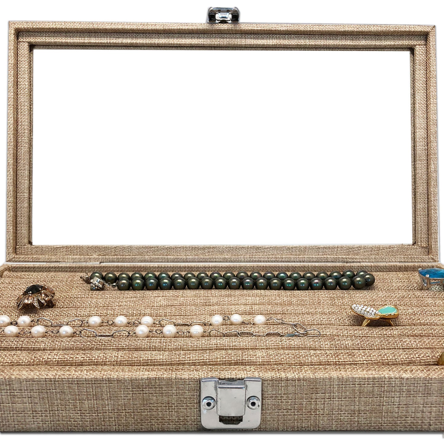 14 3/4" x 8 1/4" Burlap Display Case with Ring Insert and Glass Top