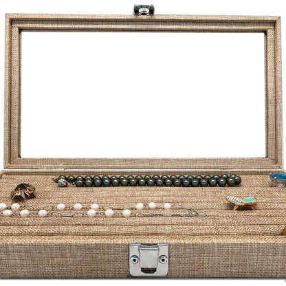 14 3/4" x 8 1/4" Burlap Display Case with Ring Insert and Glass Top