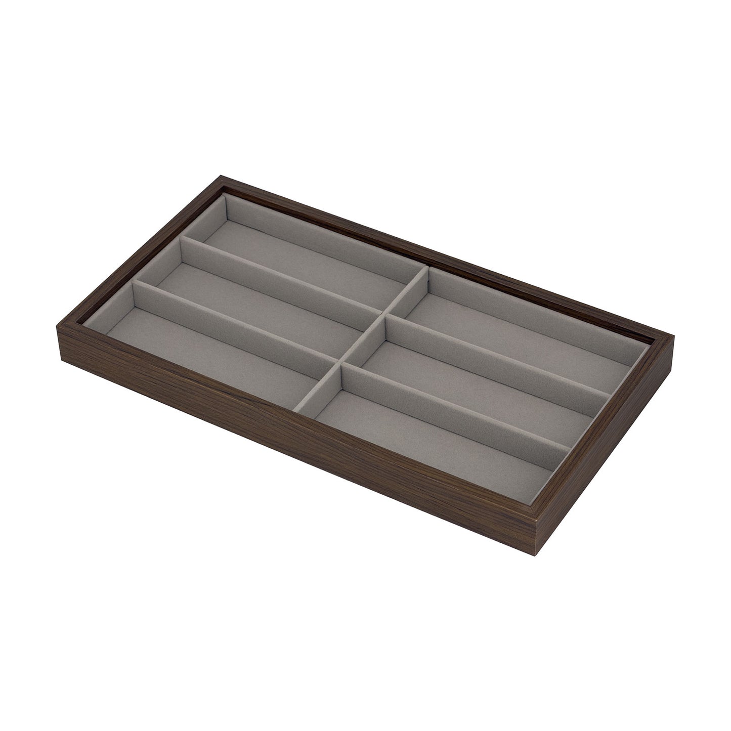 14" x 7 1/2" Walnut and Velvet 6 Compartment Jewelry Display Tray