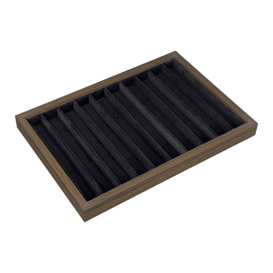14" x 9 1/2" Dark Oak and Black Velvet 10 Column Jewelry Display Tray