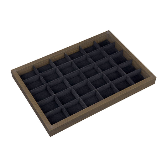 14" x 9 1/2" Dark Oak and Black Velvet 30 Compartment Jewelry Display Tray