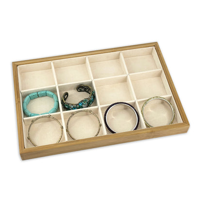 14" x 9 1/2" Wood and Suede 12 Compartment Jewelry Display Tray