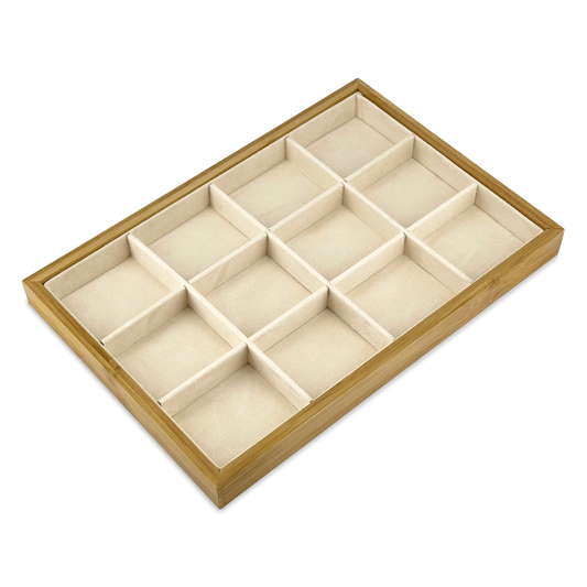 14" x 9 1/2" Wood and Suede 12 Compartment Jewelry Display Tray