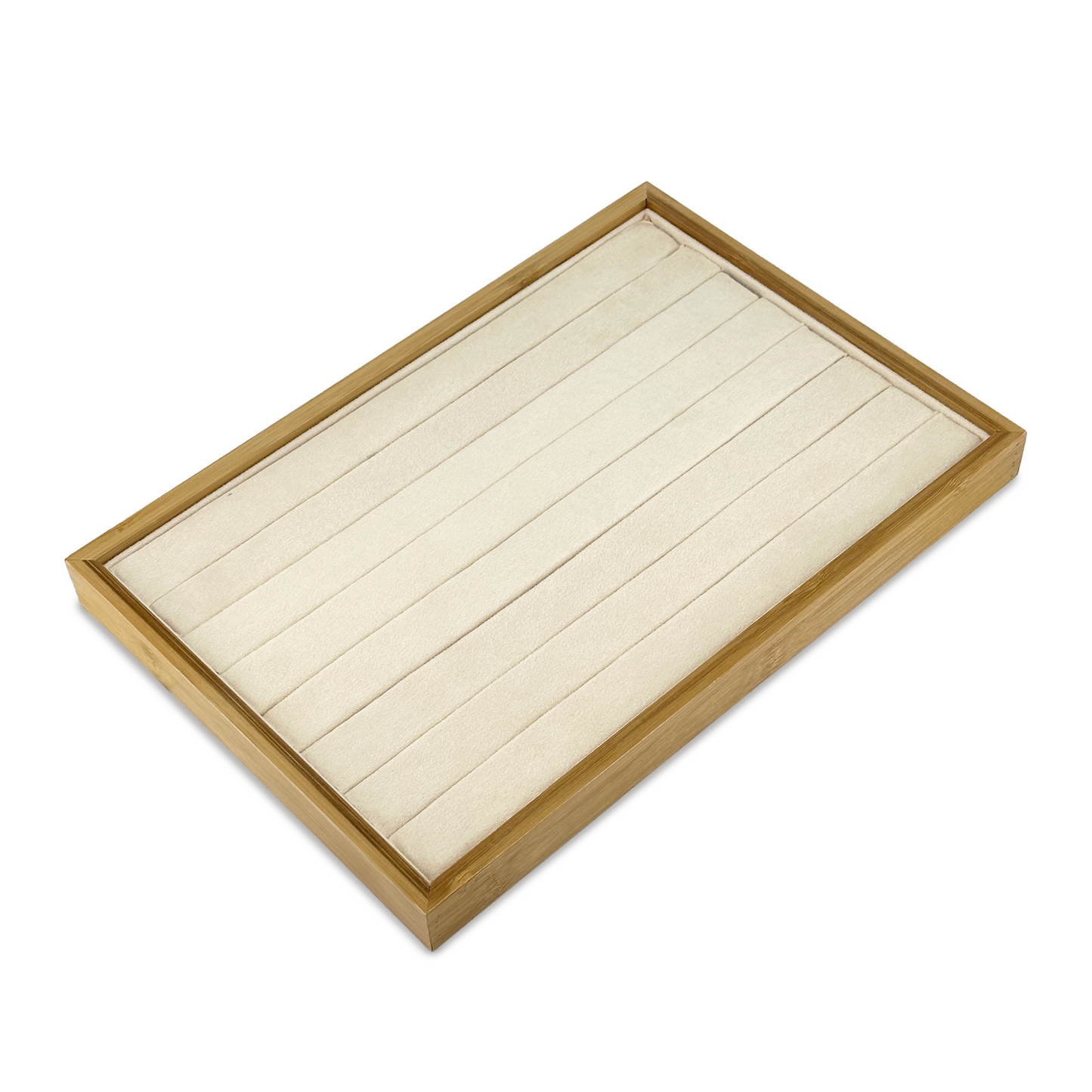 14" x 9 1/2" Wood and Suede 8 Roll Ring Display Tray