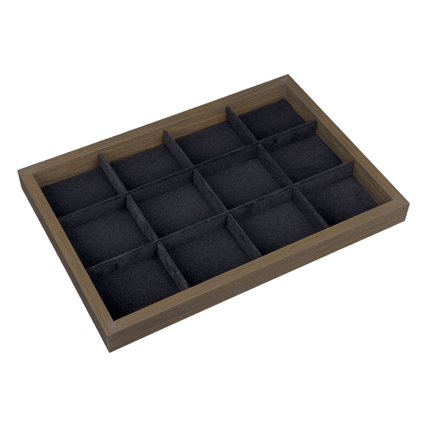 14" x 9 1/3" Dark Oak and Black Velvet 12 Compartment Jewelry Display Tray
