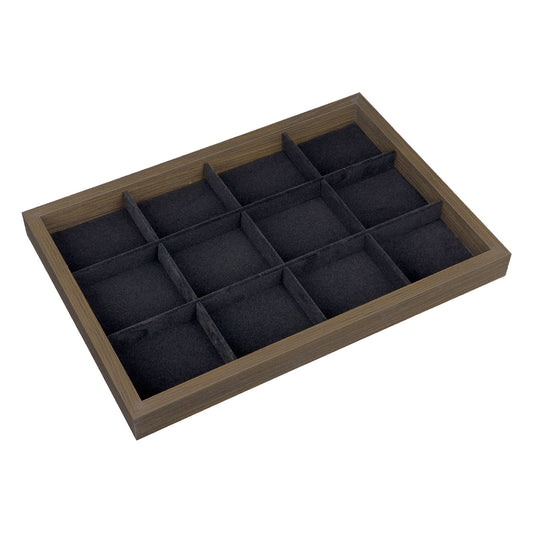 14" x 9 1/3" Dark Oak and Black Velvet 12 Compartment Jewelry Display Tray