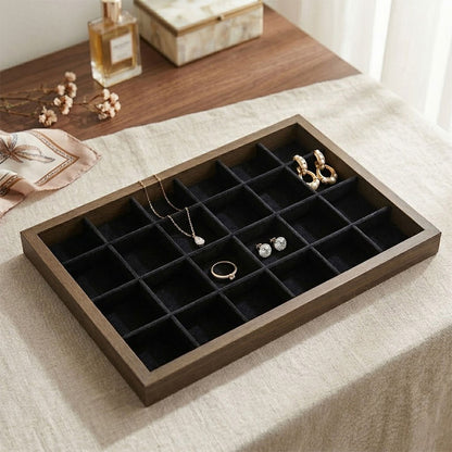 14" x 9 3/4" Dark Oak and Black Velvet 24 Compartment Jewelry Display Tray