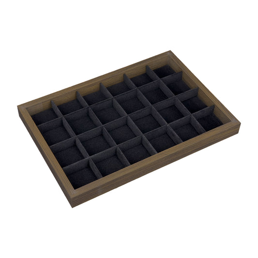 14" x 9 3/4" Dark Oak and Black Velvet 24 Compartment Jewelry Display Tray