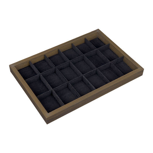 14" x 9 3/8" Dark Oak and Black Velvet 18 Compartment Jewelry Display Tray