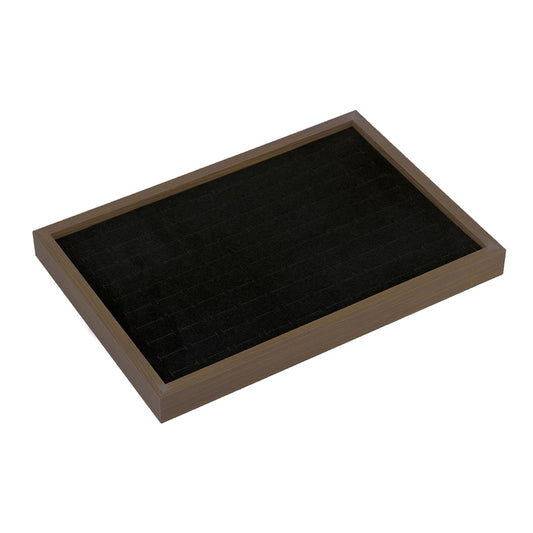 14" x 9 3/4" Dark Oak and Black Velvet 100 Ring Jewelry Display Tray