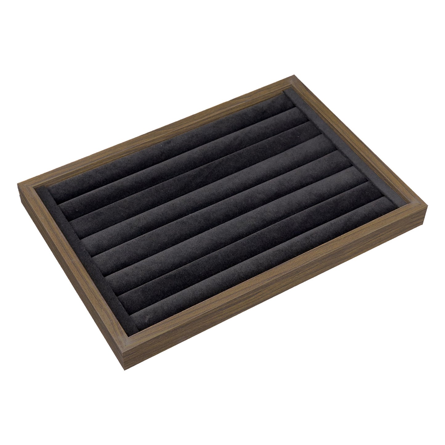 14" x 9 5/8" Dark Oak and Black Velvet 7 Row Ring Display Tray