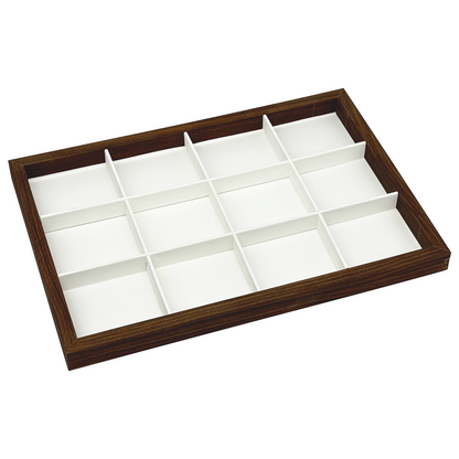 14" x 9 5/8" Dark Oak and Leatherette 12 Compartment Jewelry Display Tray