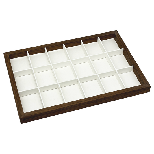 14" x 9 5/8" Dark Oak and Leatherette 18 Compartment Jewelry Display Tray