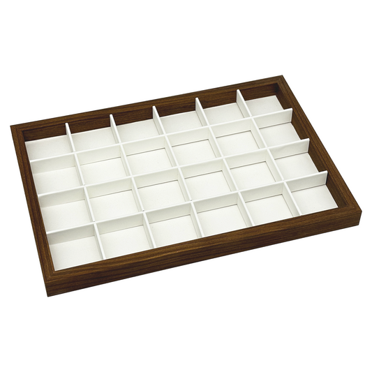 14" x 9 5/8" Dark Oak and Leatherette 24 Compartment Jewelry Display Tray