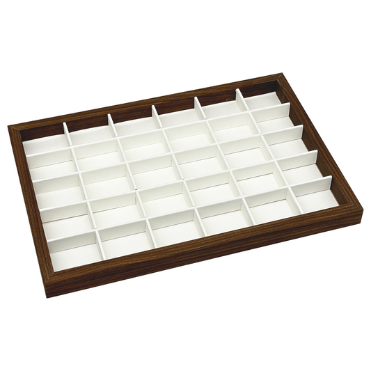 14" x 9 5/8" Dark Oak and Leatherette 30 Compartment Jewelry Display Tray