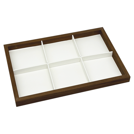 14" x 9 5/8" Dark Oak and Leatherette 6 Compartment Jewelry Display Tray