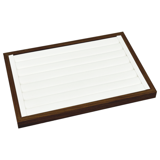 14" x 9 5/8" Dark Oak and Leatherette 7 Row Ring Display Tray