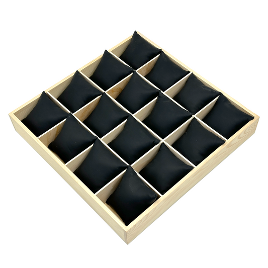 15 1/4" x 15 1/4" Natural Pine 16 Compartment Jewelry Tray with Black Leatherette Pillows