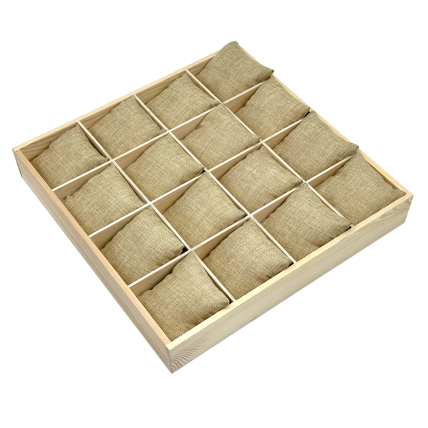 15 1/4" x 15 1/4" Natural Pine 16 Compartment Jewelry Tray with Burlap Pillows