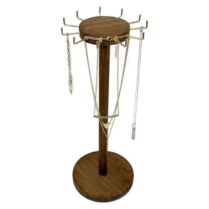 15 3/4" Walnut Wood Round Necklace Display Stand with 11 Gold Hooks