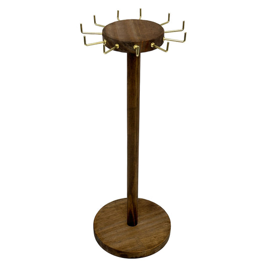 15 3/4" Walnut Wood Round Necklace Display Stand with 11 Gold Hooks