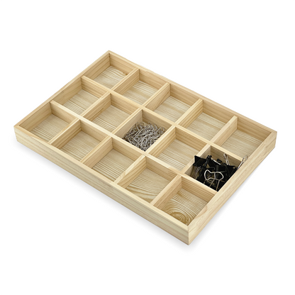 15 Compartment Natural Wood Jewelry Display Tray