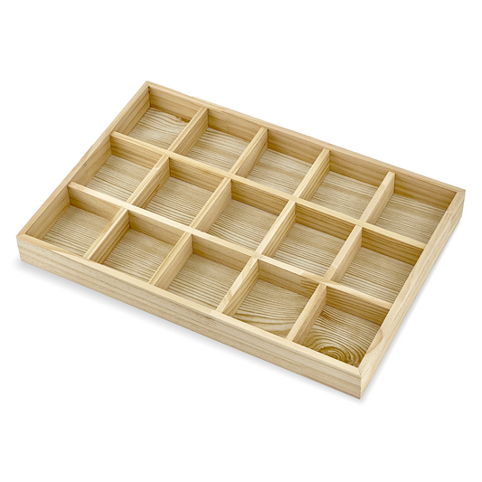 15 Compartment Natural Wood Jewelry Display Tray