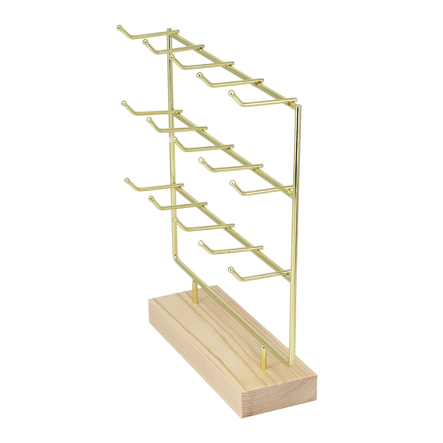 15-Hook Gold Earring Card Display Stand with Wood Base