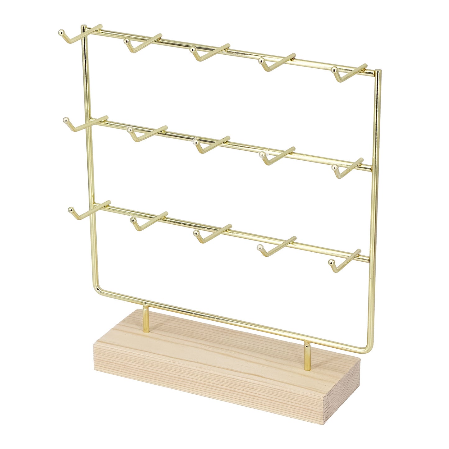 15-Hook Gold Earring Card Display Stand with Wood Base